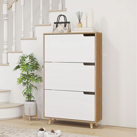 Mueble para zapatos colocable con 3 cajones y plataforma regulable, formato compacto, 72 x 24 x 119 cm, blanco