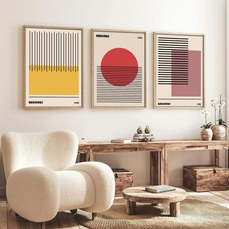 Tableau abstrait – style Bauhaus, cadre bois (lot de 3) (1/2)