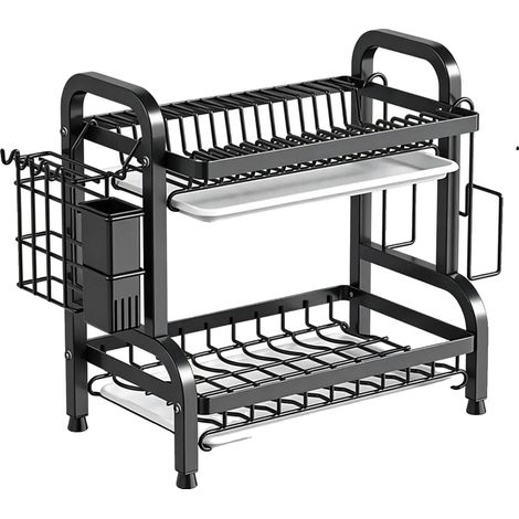 Geschirrabtropfgestell, 2-stöckiges Design, rostbeständige Oberfläche, Schwarz-Klein (1/2)