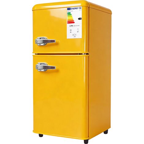 Réfrigérateur double porte 86 L avec congélateur 30 L, réglage 7 niveaux, éclairage LED, étagères réglables, jaune