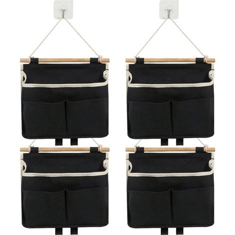 Organisateur mural suspendu - Sacs de rangement muraux en lin et coton - Organisateur imperméable - Pour salon, salle de bain, chambre - Sac suspendu pour magazines - Noir - Lot de 4 (1/5)