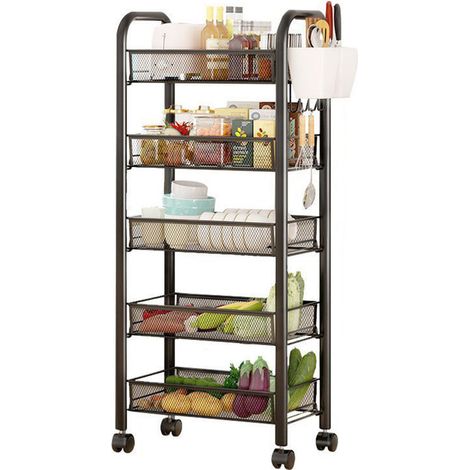 FIANAO – Aufbewahrungskorb – Obst- und Gemüseregal – 5-stöckig, stapelbar, Metallgitter, 360° Rollen – für Küche, Vorratskammer & Bad – Maße: 44 × 27 × 105 cm – Schwarz (1/5)