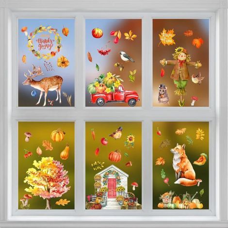 Autocollant Fenetre - Decoration Automne Thanksgiving Halloween - Feuille Erable Dinde - 9 Pieces - 30 x 20 cm (1/5)