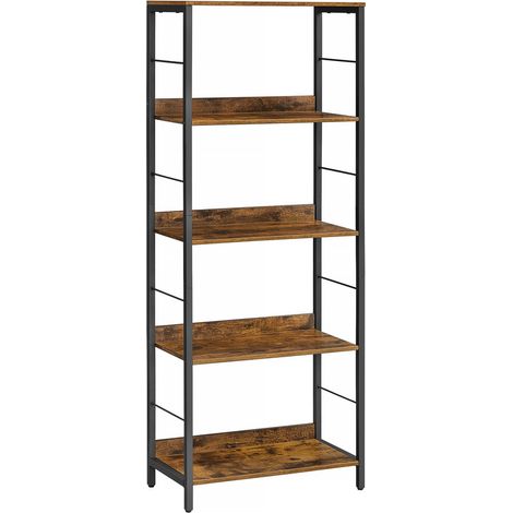 Vasagle – Bibliothèque 5 niveaux en aggloméré et acier – Panneaux arrière pour protection – Barres latérales pour rangement – Marron rustique et noir d'encre