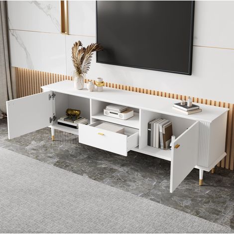 Mobile TV 170x36x54 cm bianco in MDF con ante, cassetto, vano aperto e chiusura soft-close (1/5)