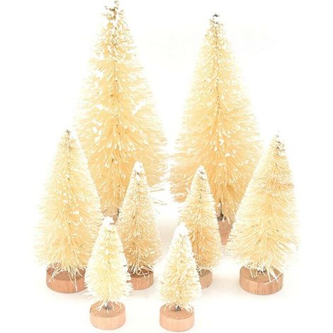 Árbol de Navidad decorativo en miniatura de 8 piezas con alambre de sisal, base de madera nevada y ramas de pino, ideal para la decoración navideña del hogar. (1/5)