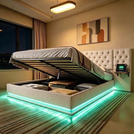 Letto matrimoniale 140×200 cm – Letto contenitore – illuminazione a LED – 2 ripiani di ricarica – porta USB – rete a doghe – lino beige (1/5)
