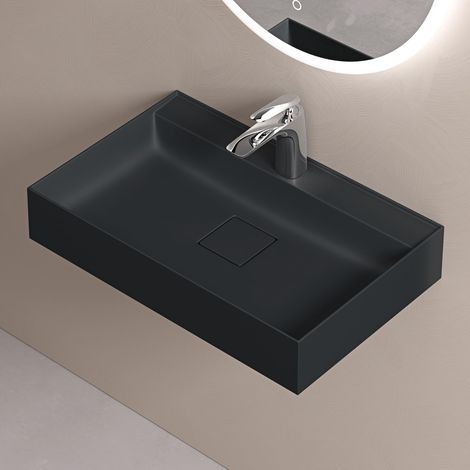 doporro Lavabo da Appoggio Rettangolare Lavabo Bagno Sospeso incl. Set di Scarico e Foro per Rubinetto Lavandino Bagno in Resina Minerale 50x38x12cm Antracite Opaco Colossum630