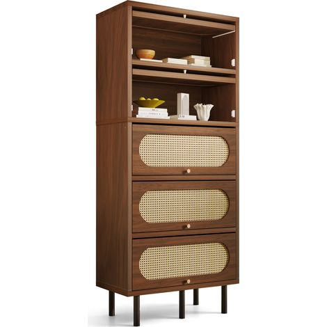 Buffet Haut Noyer avec Rotin 80×40×163cm, 5 Clapets, Pieds Métal Noirs, Grand Rangement, Anti-Basculement