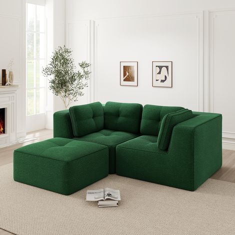 Modulares L-Ecksofa mit 2 Plätzen und beweglichem Hocker, grüner Cordstoff HAVRYA (1/5)