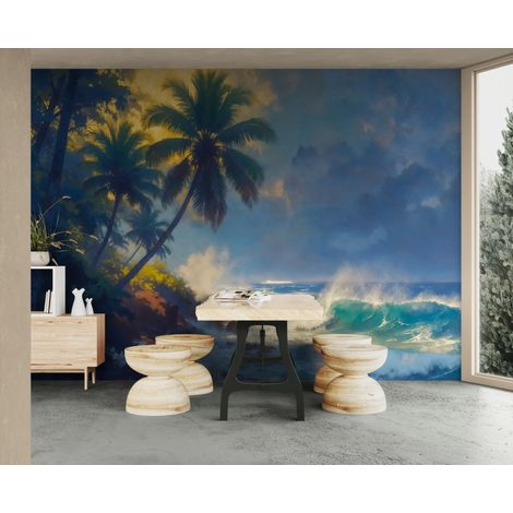 Papier peint exotique plage et palmiers sous ciel dorage - 150 x 250 cm (1/2)
