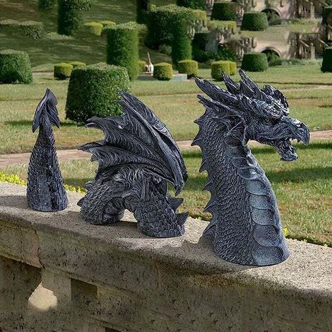 Statue de Dragon de Jardin. Dragon Jardin Statue Fausse Pierre résine Sculpture pour la décoration extérieure à la Maison Ornements de Jardin Animal extérieur (Noir) (1/4)