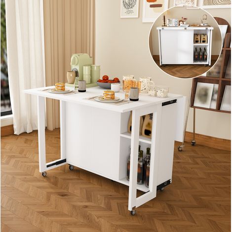 Carrello da cucina con tavolo pieghevole multifunzionale 105x100 cm, ampio spazio contenitivo, MDF bianco, per cucina (1/5)