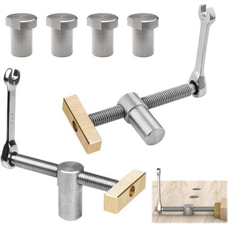 2 abrazaderas de banco plateadas para carpintería, abrazadera auxiliar de banco de trabajo de 20 mm para tornillo de banco de posicionamiento de mesa de carpintería, con 4 topes de banco, para carpint (1/5)
