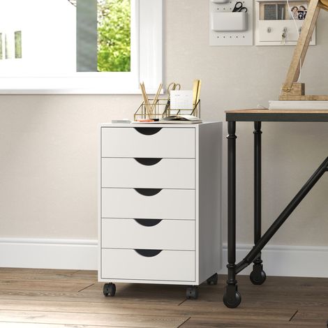 Cajonera móvil para oficina, mueble de almacenamiento con ruedas y 5 cajones, de madera, 40 x 40 x 67 cm, blanca.