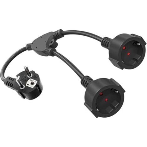 Double plug for socket, 16A/250V/Max double plug, short extension cord with 2-way Schuko plug adapter, Schuko double plug for kitchen, office, home, black (1/5)