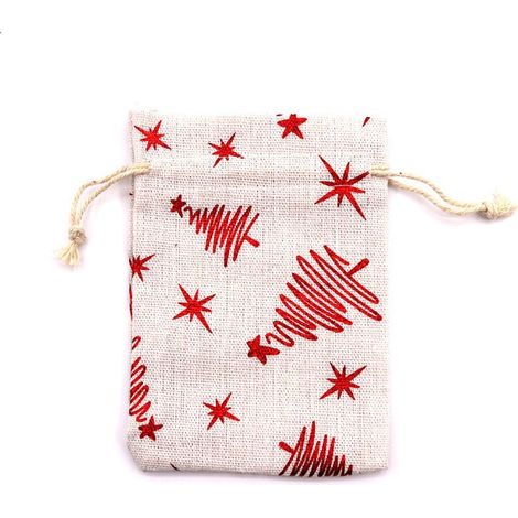 Leinenbeutel, 10er-Set, Jutebeutel mit Kordelzug, Sternenmuster, Geschenktüten zum Aufhängen, Schneeflockenmotiv, rot, 13 × 18 cm
