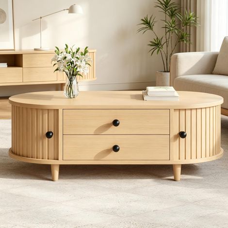 Mesa de centro 100 x 50 x 36 cm con 2 cajones, puertas correderas, MDF natural HAVRYA (1/5)