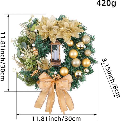 Couronne de Noël artificielle 30cm, poinsettia doré pailleté, boules dorées, nœud doré, lanterne vintage, décoration porte et fenêtre (1/2)