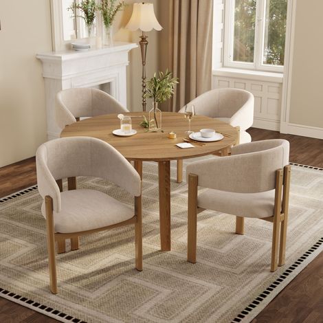 Cuatro sillas de comedor de metal, cómodas y transpirables, con acabado imitación madera, ideales para comedores, salas de estar y cafeterías. Estilo moderno, tapicería de lino, color madera natural. (1/5)