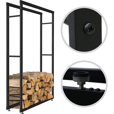 Melko – Porte-bûches en fer noir 150x80cm – Pieds réglables en hauteur – Convient pour bois de chauffage jusqu'à 33cm – Antidérapant