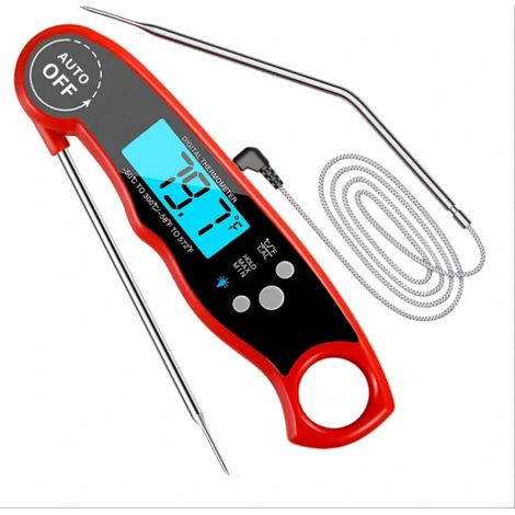 Professionelles digitales Fleischthermometer mit Hintergrundbeleuchtung, das beidhändig bedient werden kann und sofortige Messwerte liefert. (1/4)