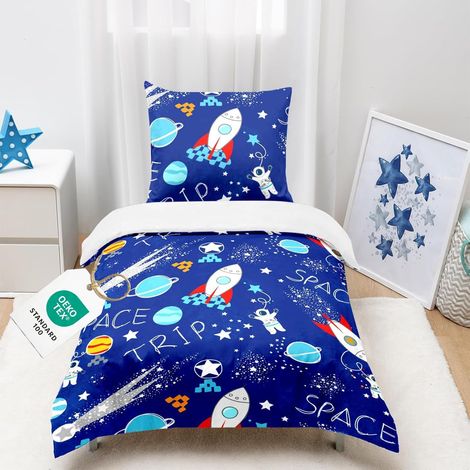Housse De Couette 140×200 pour Garçon Enfant Parure De Lit avec Une Taie d'oreiller 65×65 cm Imprimé en 3D Rocket Cosmos Astronaut Microfibre Bleu (1/5)