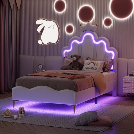 Lit simple 90x200cm - Lit enfant rembourré en simili-cuir en forme de couronne princesse avec éclairage LED - Style Moderne - Blanc (1/5)