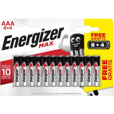 Energizer - MAX, Pack de 8+4 pilas AAA, larga duración para uso cotidiano, sin sulfatación y 10 años vida útil