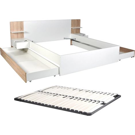Lit avec tiroirs 160 x 200 cm – Avec 2 chevets et tablettes - Blanc et naturel + Sommier – KLYRANA (1/5)