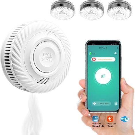Alarme incendie, détecteur de fumée, autonomie de la batterie de 10 ans, notification à distance, compatible avec Smart Life, partage à 6 personnes, alimenté par batterie, pas de contacts de transmiss (1/4)