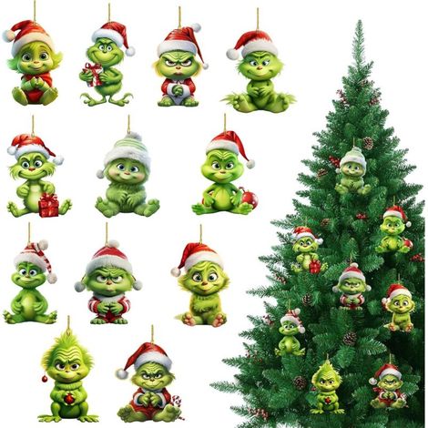 Grinch Décorations de Noël 12 Pièces Décorations de Noël Pendentifs Décoration de Sapin de Noëls Pendentif Acrylique décorations d'arbre Noëls, pour Vacances, fête