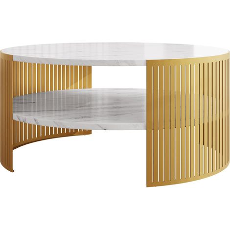 Table basse Civer I, Doré + Marbre blanc, 40x0x0cm, Diamètre: 75, Stratifié, Rond