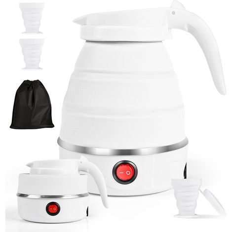 Bouilloire pliable 0,6 L Avec 2 gobelets pliables, Bouilloire portable de Camping, Mini Bouilloire de Voyage, Mini bouilloire électrique en silicone pour le camping, le voyage, l'extérieur (Blanc) (1/5)