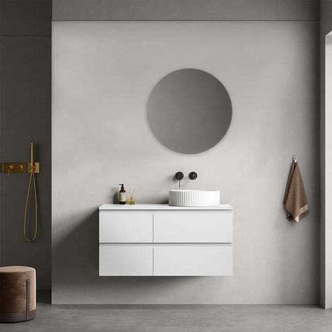 Mobile bagno sospeso reversibile 100 cm Bianco Opaco per Lavabo d'appoggio Specchio Tondo - Fiji Paint Top (1/4)