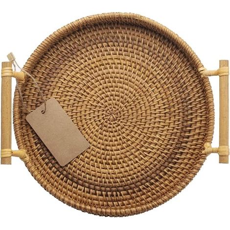 (Diamètre 24 cm) Corbeille à pain et à fruits, plateau rond en osier avec poignées (1/5)