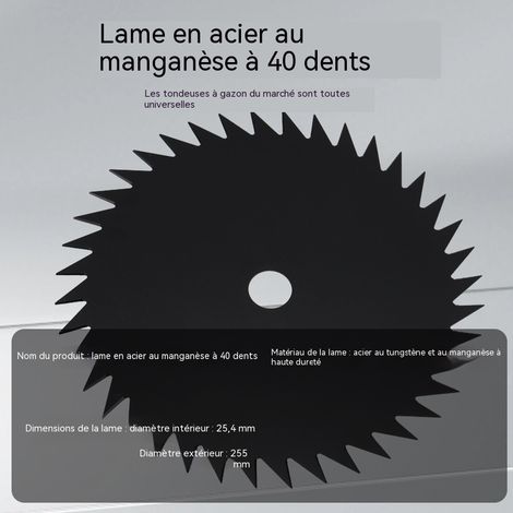 Lame de débroussailleuse en acier au manganèse 40 dents, diamètre 255mm alésage 25.4mm, lame de coupe-herbe haute dureté universelle, résistante aux chocs