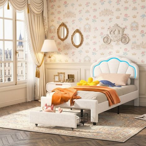 Lit pour fille 90x200 cm, Lit rembourré avec lumières LED et tiroir, Lit pour adolescent, tête de lit en forme de pétale, tissu velours, blanc (90x200 cm) (1/5)