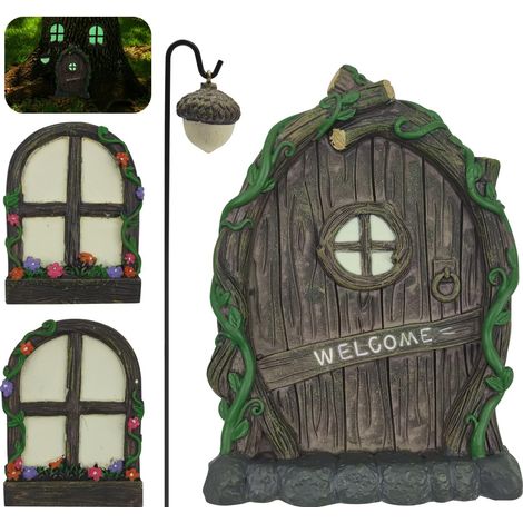 Fenêtre et Porte de Maison Miniatures Fairy GNOME,Décoration d'arbre de Jardin,Statues D'extérieur Sculpture d'art de Cour,Ornement de Pelouse de Patio, Décoration Murale Brille dans Le Noir