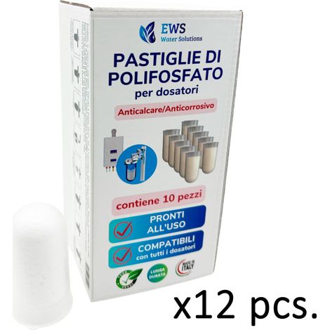 Confezione da 12 scatole di 10 Ricariche Polifosfati Caldaia ciascuno Ricariche Food Grade a Lunga Durata Anticalcare e Anticorrosivo per dosatori proporzionali