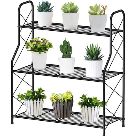 Étagère à plantes en métal à 3 niveaux - Support pour pots de fleurs - Pour l'extérieur, l'intérieur, le balcon, le jardin - Multifonction - Grande capacité - Noir (1/5)