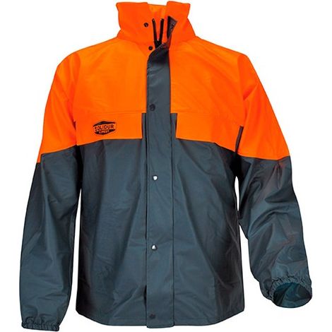 Veste de pluie pour travaux forestiers bi-color 100% PU dos rallongé avec gouttiere capuche dans col - SOLIDUR - Orange / Vert - XL - taille: XL