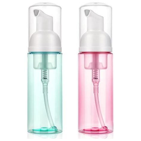 BUNTHAUS Lot de 2 distributeurs de savon moussant vides rechargeables en plastique pour savon pour les mains, lavage du visage, shampooing pour les cils, soins de la peau (vert + rose) (1/5)