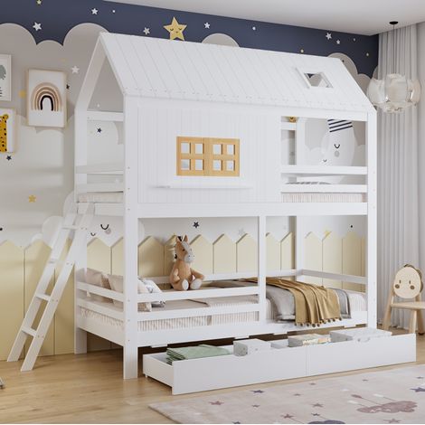 Bett Etagenbett Stauraum 90x200 Holz Weiß Natur HAVRYA (1/5)