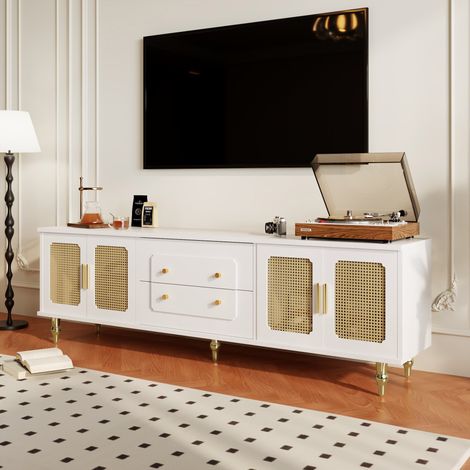 DESMIU Meuble TV 4 portes et 2 tiroirs avec portes en rotin PVC, pieds dorés, pour salon, blanc, 175 × 38 × 55,5 cm (1/5)