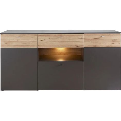 Buffet 195 cm 3 portes 3 tiroirs décor chêne clair et gris - MARBELLA (1/5)