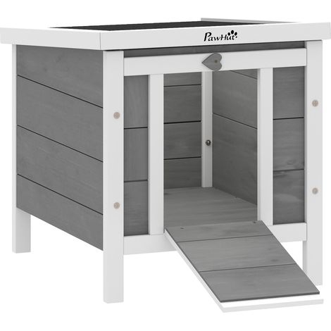 Clapier extérieur surélevé 51 x 42 x 43 cm rampe antidérapante toit étanche compact style rustique en bois de sapin gris (1/5)