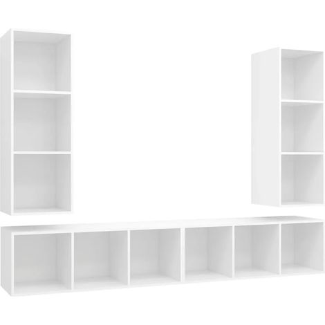 Lot de 4 meubles TV muraux avec rangement modulable 37 x 37 x 107 cm en bois d'ingénierie blanc (1/3)