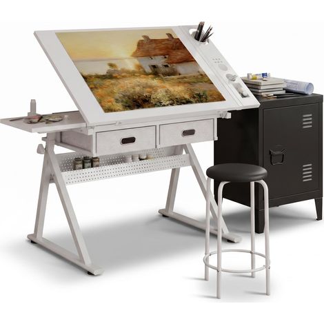 FurnitureR Zeichentisch Set höhenverstellbar mit Metallschrank multifunktionaler Schreibtisch neigbare Tischplatte 0-75 Grad Stauraum Arbeitsstation Home Office Weiß Schwarz