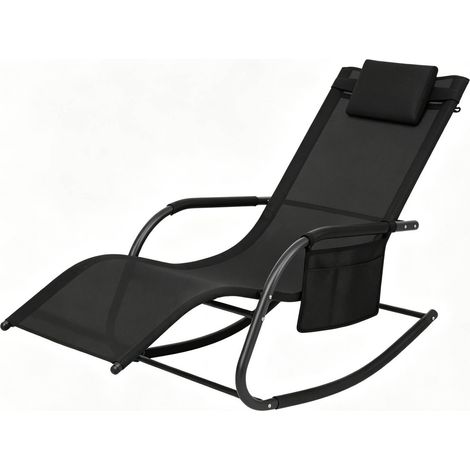 Tumbona mecedora de jardín con bolsillo lateral, estructura de metal y tejido de poliéster, negro (1/5)